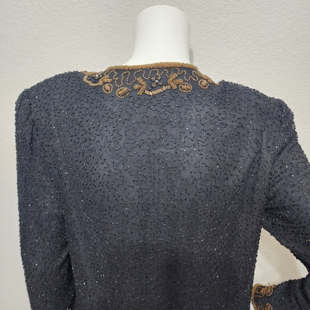 Vintage Scala Black Silk Beaded Long Evening Jacket Size M - Picture 6 of 12